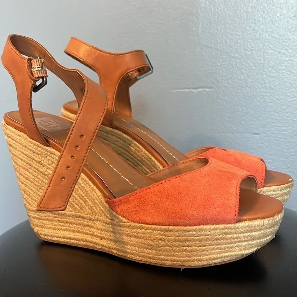 Dolce Vita Espadrille Wedge Heels, faux suede, orange and brown, women’s size 8